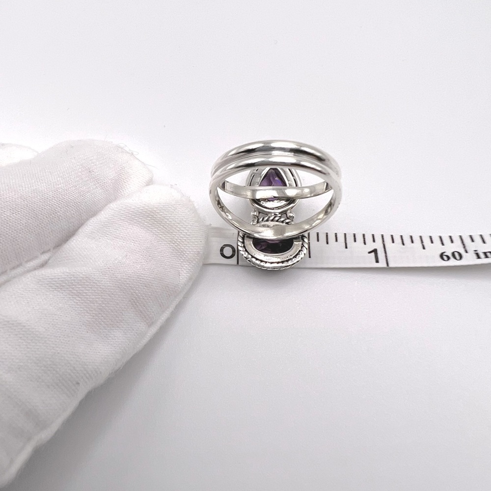 Genuine Faceted Amethyst Oval & Tear Drop .925 Sterling Silver Ring - Picture 13 of 17